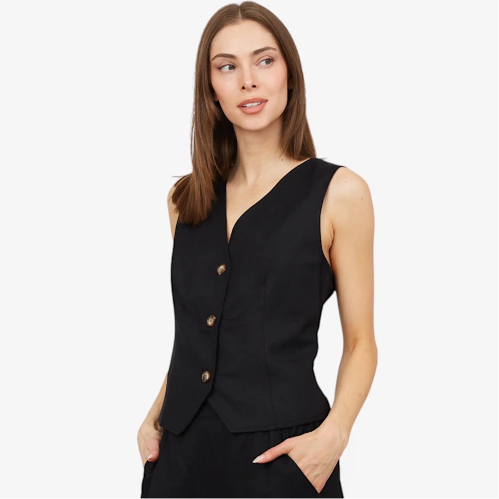 CLAUDIA EV Ladies Lined Horn Button Linen Blend Vest
